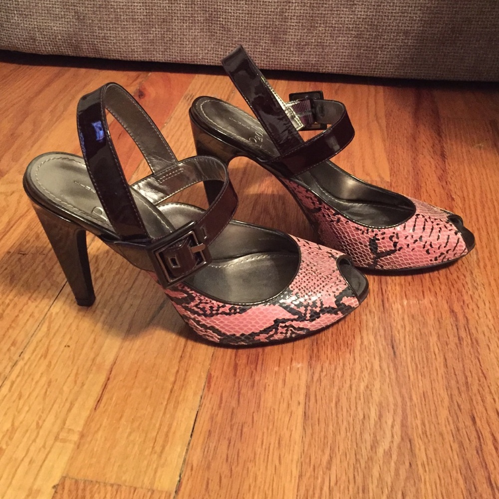 Snakeskin and patent strappy sandals